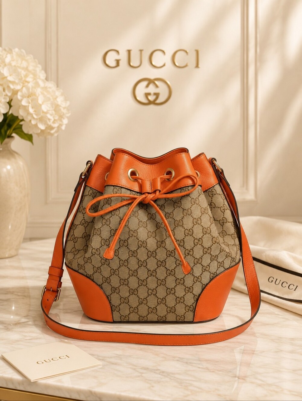 Authentic Gucci GG Supreme Bucket Bag Orange Leather Trim Crossbody Drawstring